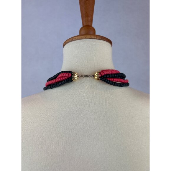 Vintage Tiger Bib Necklace Red Black Wood Beads Hand Painted Statement - Picture 2 of 7